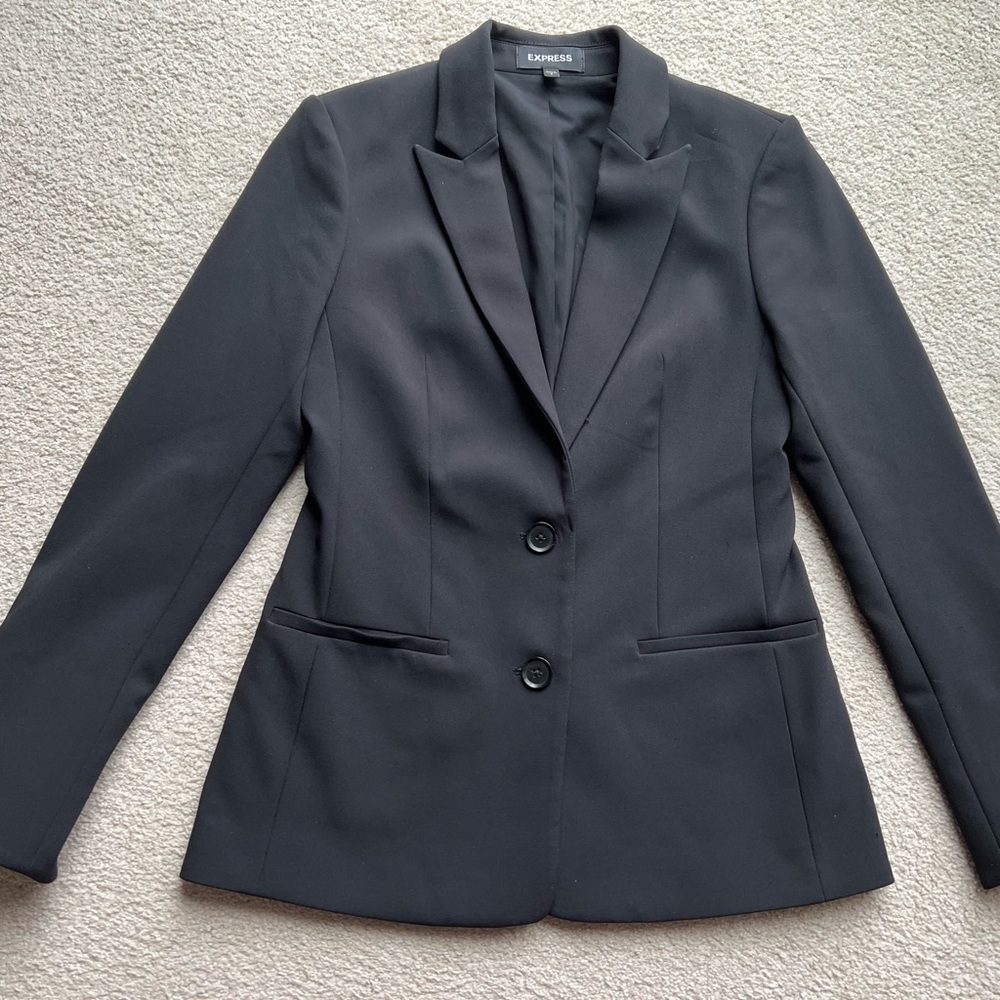 EXPRESS BLACK NOTCH COLLAR 2 BUTTON BLAZER JACKET Suit Coat Slit Sleeves Size 2